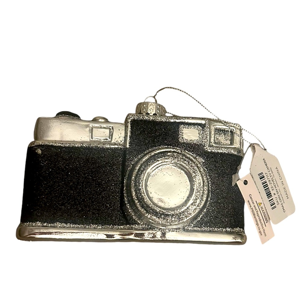 •NWT Kirklands Camera Christmas Ornament Black Silver Holiday Glass